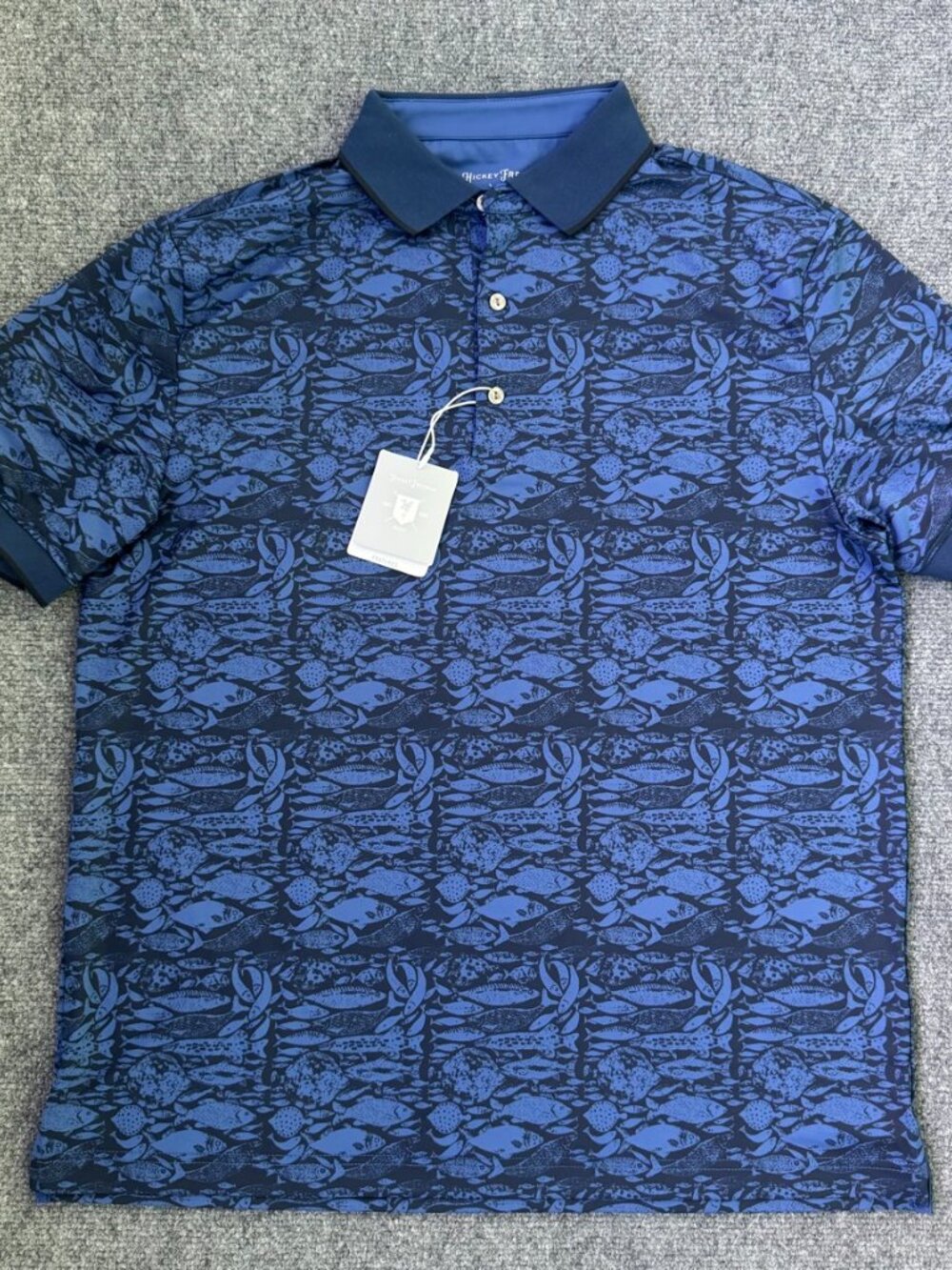 Hickey Freeman 3 Button Polo Shirt Navy Fish Print Mens M G922823G NWT